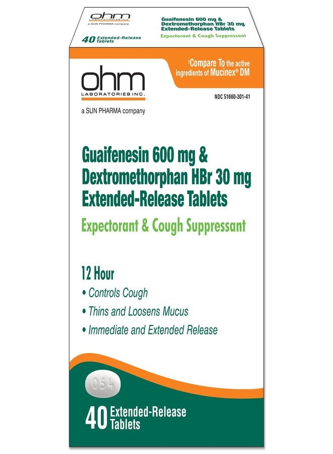 Ohm Guaifenesin 600 mg Extended Release Tablets, Dextromethorphan HBr 30 mg - Expectorant & Cough Suppressant, Loosens Mucus, Controls Cough for Immediate and Extended Relief - 40 Tablets - Image 1